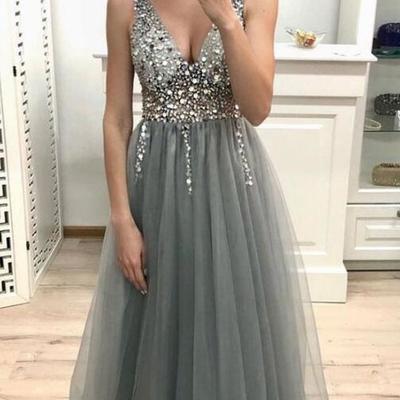 New sexy a line grey prom dresses with beading , v neck evening dress - Thumbnail 5