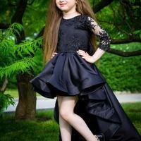 Hi Low Black Flower Girl Dresses with 3/4 Long Sleeves - Thumbnail 1