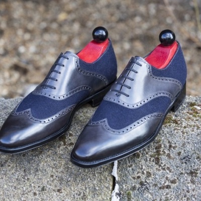 Handmade navy blue leather suede men's lace up wing tip stylish shoes - Thumbnail 5