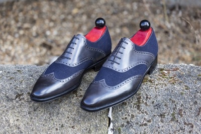 Handmade Navy Blue Leather Suede Men's Lace Up Wing Tip Stylish Shoes