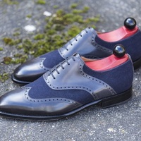Handmade Navy Blue Leather Suede Men's Lace Up Wing Tip Stylish Shoes - Thumbnail 1