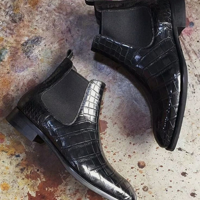 Handmade men's black ankle high boot, men's alligator leather chelsea boot - Thumbnail 4