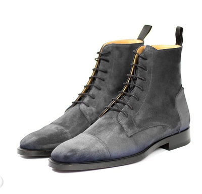 Handmade Men's Gray Ankle High Boot, Men's Suede Cap Toe Lace Up Boot