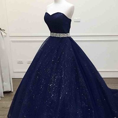 Dark blue tulle sweetheart sequins floor-length ball gown dress,130