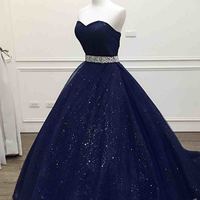 Dark blue tulle sweetheart sequins floor-length ball gown dress,130 - Thumbnail 1