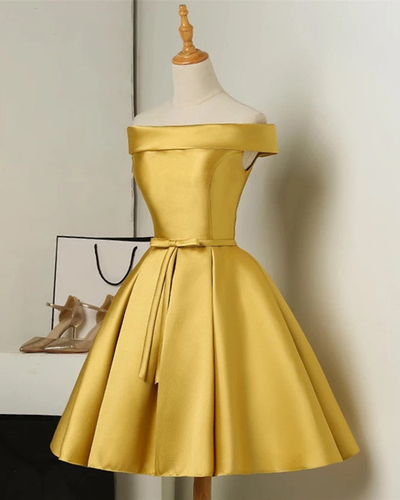 Golden satin short lace up strapless party dress with bowknot,131