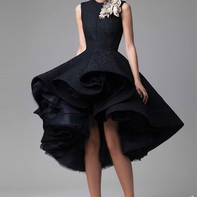 Black tulle lace satin round neck high-low a-line short prom dress,132