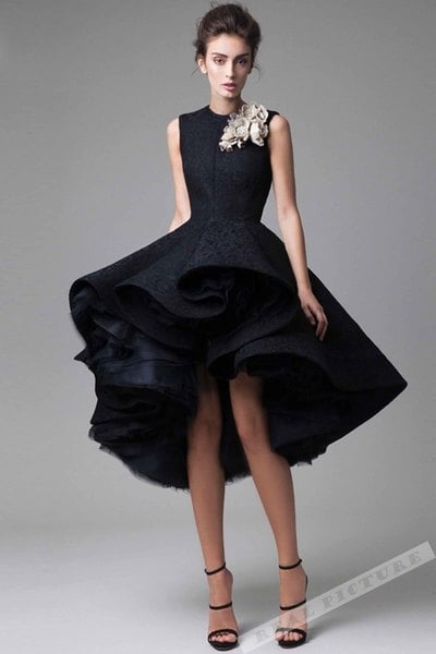 Black tulle lace satin round neck high-low A-line short prom dress,132