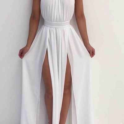White chiffon round neck slim-line slit long prom dress,simple cheap dress,133