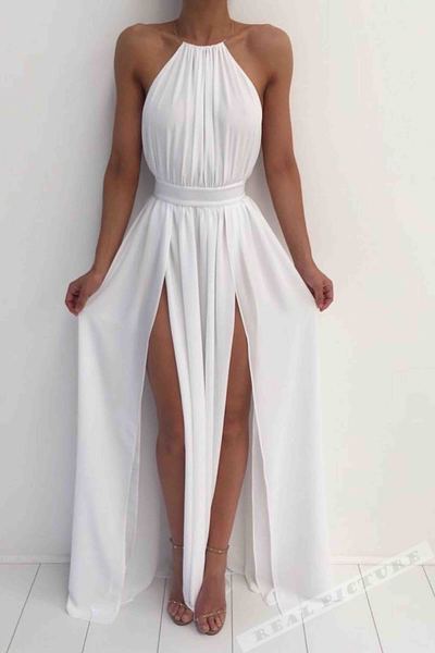 White chiffon round neck slim-line slit long prom dress,simple cheap dress,133