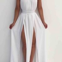 White chiffon round neck slim-line slit long prom dress,simple cheap dress,133 - Thumbnail 1