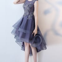 Stylish navy blue tulle high low halter sleeves homecoming dress, short party dress,134 - Thumbnail 2