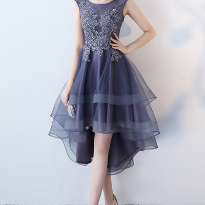 Stylish navy blue tulle high low halter sleeves homecoming dress, short party dress,134 - Thumbnail 5