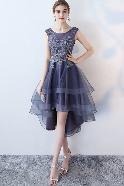 Stylish navy blue tulle high low halter sleeves homecoming dress, short party dress,134