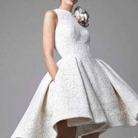 Black tulle lace satin round neck high-low A-line short prom dress,132 - Thumbnail 2