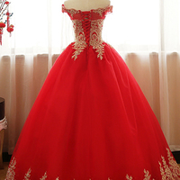 Red tulle long off shoulder formal evening dress with golden appliques,135 - Thumbnail 1