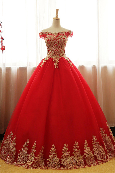 Red tulle long off shoulder formal evening dress with golden appliques,135