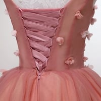 Pink v neck tulle lace short prom dress, cocktail dress - Thumbnail 3