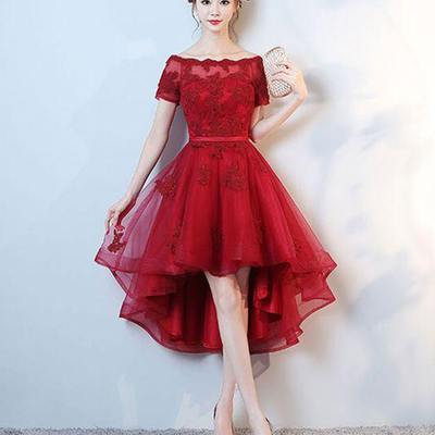 Red tulle off shoulder high low lace appliqués party dress with short sleeves,136 - Thumbnail 5