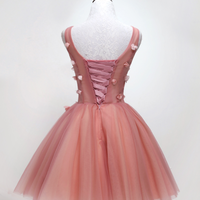 Pink v neck tulle lace short prom dress, cocktail dress - Thumbnail 4