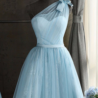 Baby blue tulle one shoulder short prom dress, bowknot party dress,137 - Thumbnail 1