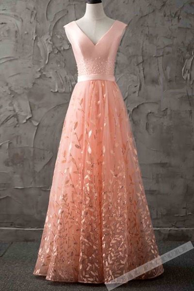 Orange tulle v-neck satins A-line lace up long prom dresses,138