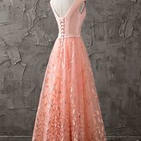 Orange tulle v-neck satins A-line lace up long prom dresses,138 - Thumbnail 1