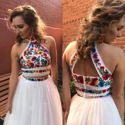 High neck two piece floral embroidery white long prom dress,139