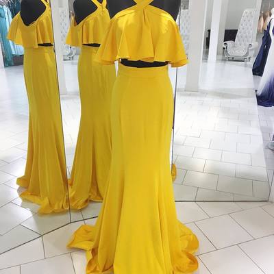 Two piece yellow long prom dress with ruffle,140 - Thumbnail 5