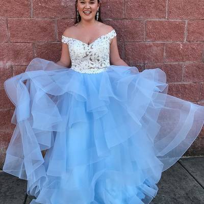 Off shoulder white and blue long prom dress,141