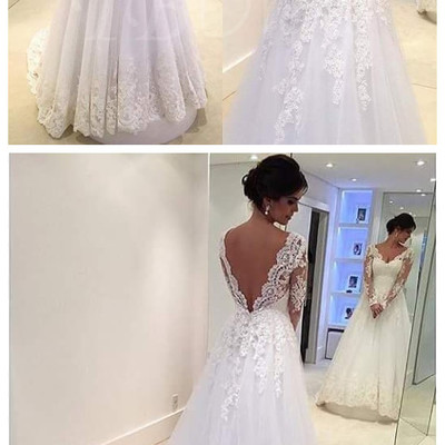 V-neck backless long sleeve court lace wedding dresschapel train wedding dress with appliques,142 - Thumbnail 5