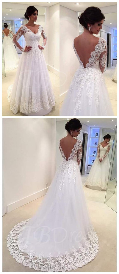V-Neck Backless Long Sleeve Court Lace Wedding DressChapel Train Wedding Dress with Appliques,142