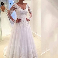 V-Neck Backless Long Sleeve Court Lace Wedding DressChapel Train Wedding Dress with Appliques,142 - Thumbnail 1
