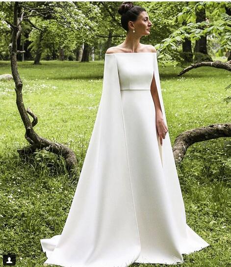 Simple A Line Satin Wedding Dresses Off the Shoulder with Shawl Bridal Gowns,144