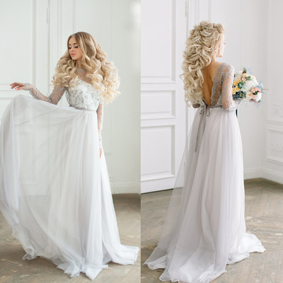Long chiffon wedding dress, applique wedding dress, v-back bridal dress, beach wedding dress, long sleeve wedding dress,,148 - Thumbnail 5
