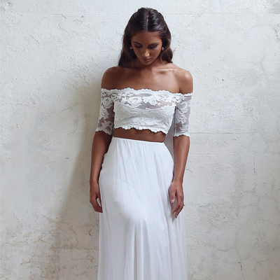 Long Wedding Dress, Lace Wedding Dress, Chiffon Bridal Dress, Off-shoulder Wedding Dress, Short Sleeve Wedding Dress, Two Pieces Wedding Dress,150