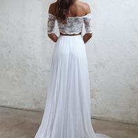 Long Wedding Dress, Lace Wedding Dress, Chiffon Bridal Dress, Off-shoulder Wedding Dress, Short Sleeve Wedding Dress, Two Pieces Wedding Dress,150 - Thumbnail 1