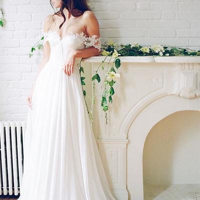 Long wedding dress, chiffon wedding dress, a-line bridal dress, off-shoulder wedding dress, lace wedding dress, backless wedding dress,152 - Thumbnail 5