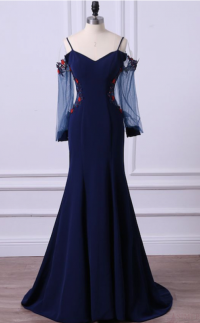 Long Prom Dresses, Jersey Prom Dresses, Long Sleeve Prom Dresses, Straps Evening Dresses, Mermaid Prom Dresses , Floor-Length Prom Dress,154