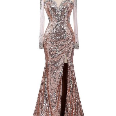 Long prom dresses, sequin prom dresses, mermaid party prom dresses, side split prom dresses, rhinestone prom dresses,156