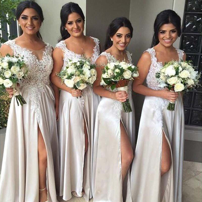 Grey satin with lace appliqued bridesmaid dresses,slit on skirt long dresses for bridesmaid,159 - Thumbnail 5