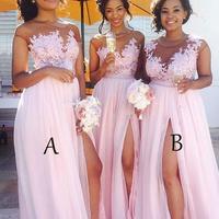 Lace Appliqued Sexy Mismatched Bridesmaid Dresses,Pink Bridesmaid Dresses,Long Bridesmaid Dresses with Slit,160 - Thumbnail 1