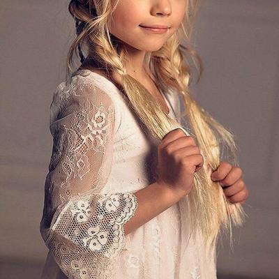 Square knee length flower girl dresses with 3/4 sleeves - Thumbnail 5