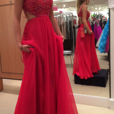 Spaghetti strap lace bodice red chiffon skirt backless prom dress,red long formal gown,168