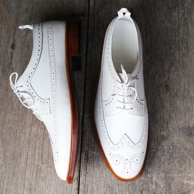 Handmade white color leather men's lace up wing tip brogue stylish shoes - Thumbnail 4
