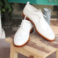 Handmade White Color Leather Men's Lace Up Wing Tip Brogue Stylish Shoes - Thumbnail 1