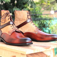 Handmade Men's Brown Beige Color Ankle High Boot, Men's Suede Leather Buckle Lace Up Boot - Thumbnail 1