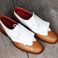 Handmade Men's White Brown Leather Fringe Slip On Loafers Wing Tip Brogue shoes - Thumbnail 1