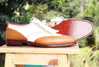 Handmade Men's White Brown Leather Fringe Slip On Loafers Wing Tip Brogue shoes