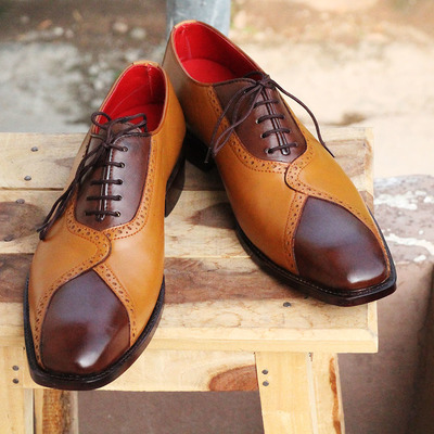 Handmade men's designing shoes, men's tan brown leather lace up shoes - Thumbnail 4